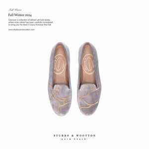 Stubbs & Wootton Lavender Suede Loafers with Gold Stitching